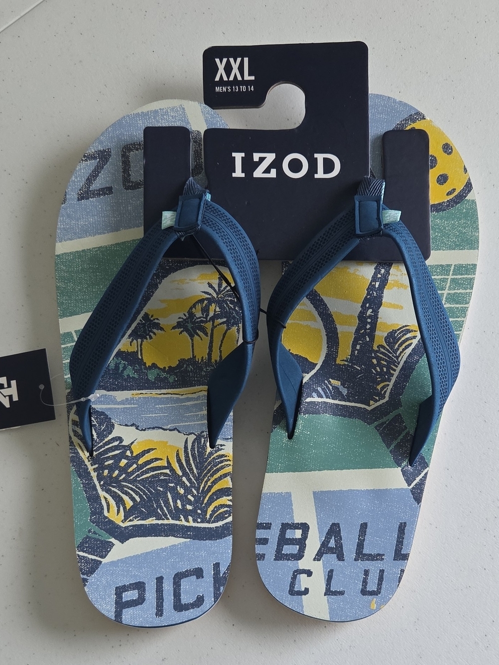 IZOD Men's XXL Flip Flops Thong Sandals Blue Tropical Beach Pickleball Graphic